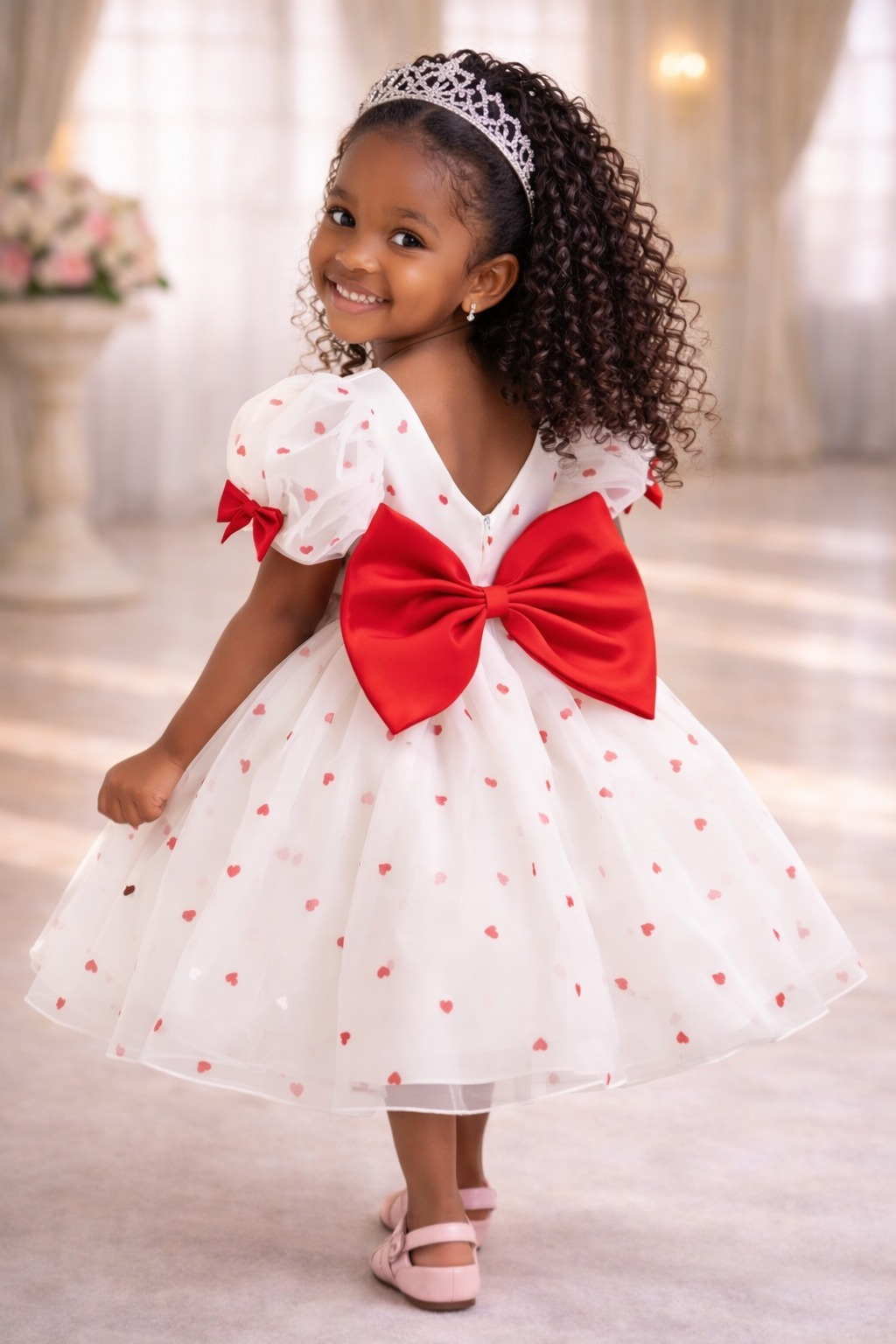 VICKACH Robe princesse fille blanche à cœurs rouges – Robe cérémonie enfant élégante